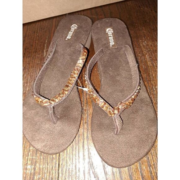 New Size 7 Corona Marcas Modelo Embellished Brown Flip Flops Wedge Heel 2008 - Picture 5 of 7